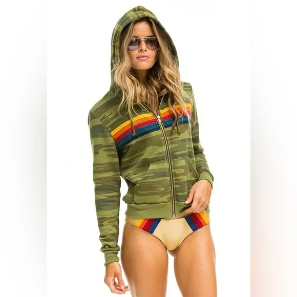 Aviator Nation 5 Stripe Camo Zip Hoodie Sweatshirt Green size XL - Picture 1 of 10